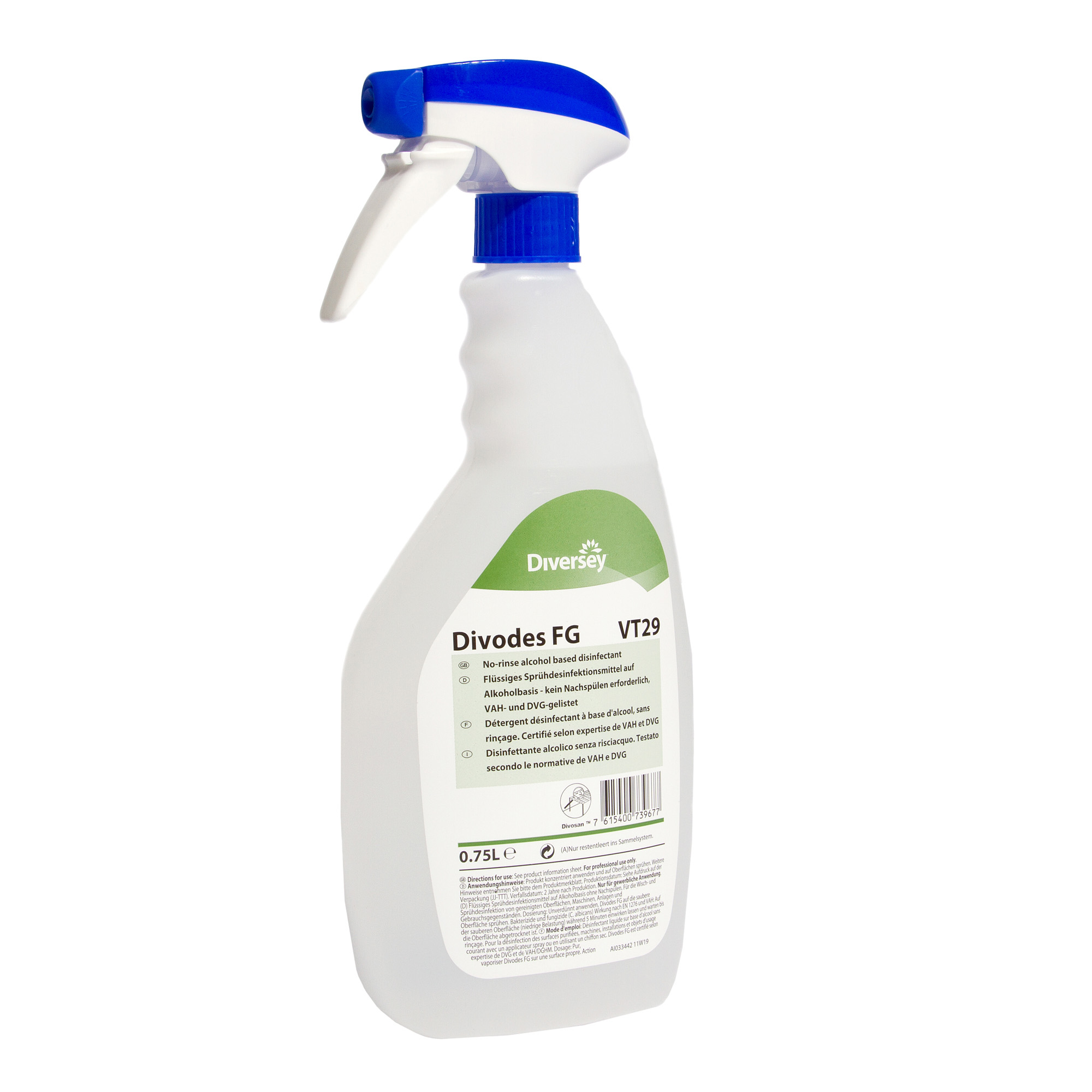 87048803 Disinfectant detergent, Divodes FG VT29 Divodes FG a detergent disinfectant based on a mixture of propanols is specially formulated for use on surfaces that come into contact with food. It is also used on surfaces where contact with water is to be avoided.