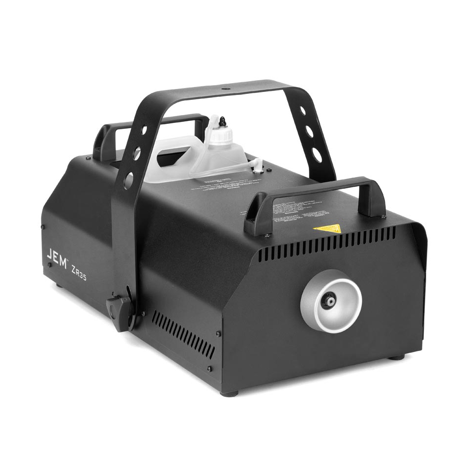 AT08-00-0 JEM ZR35 Fog machine The JEM™ ZR35 is a mid-sized fog machine designed to deliver superior and uninterrupted performance in demanding professional applications. Via its powerful 1,500 W heat exchanger, the JEM ZR35 produces a fantastic peak output ideal for mid to large-sized venues.