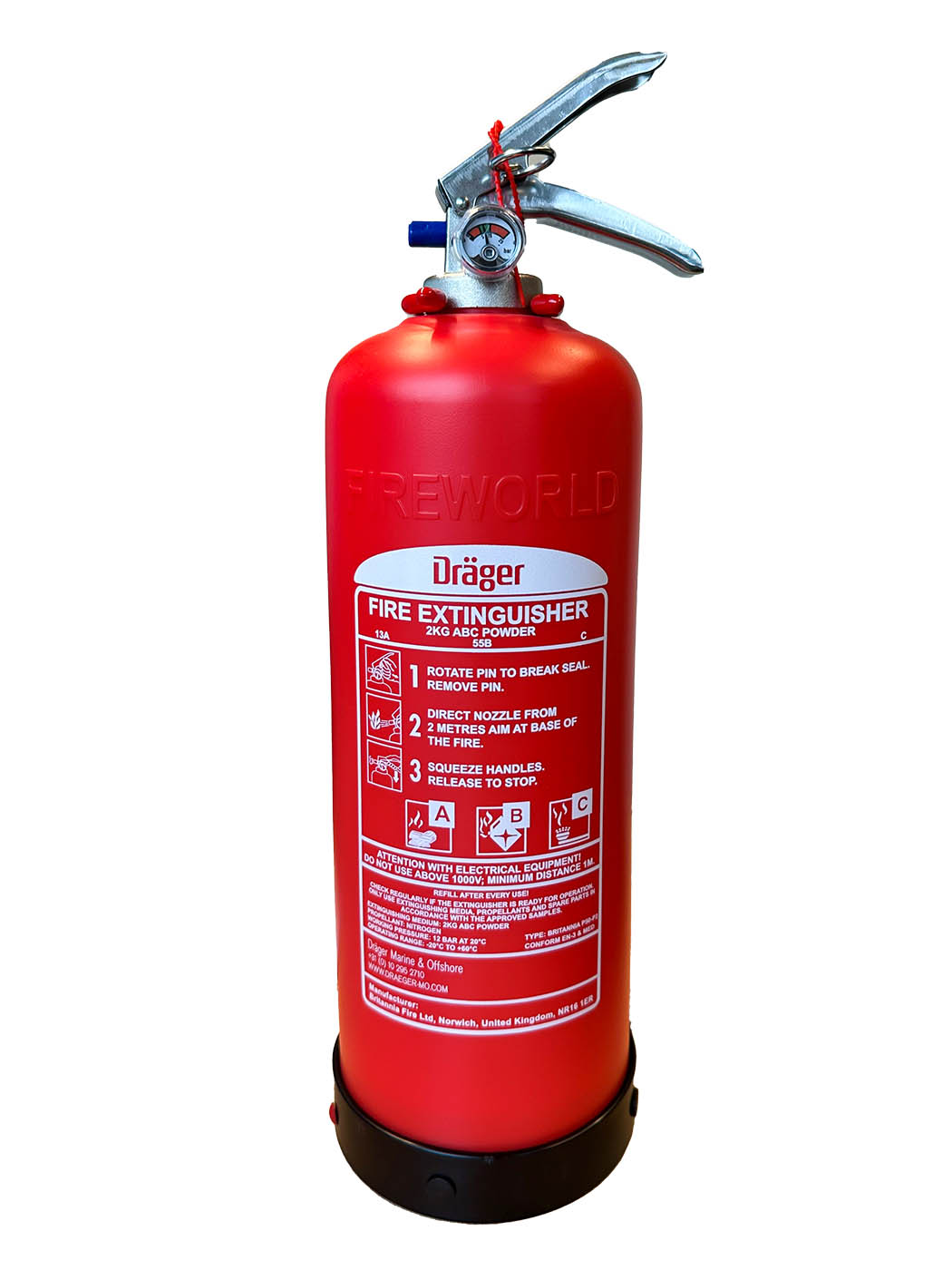 SG00161 Dräger Powder Extinguisher Composite 2 kgs ABC (stored pressure) The revolution in portable fire extinguishers: composite extinguishers are the latest development in the quest for durable corrosion resistant and low maintenance extinguishers. The extinguishers have EN3, CE and MED certification and a lifetime of 20 years. Powder extinguishers cover type A, B and C fires.