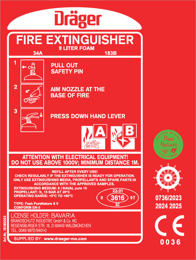 16185063 Dräger Foam Extinguisher PFAS free 9 liter AB (stored pressure) The foam extinguisher is a (PFAS) fluorine-free foam extinguisher and is a multipurpose fire extinguisher for liquid and solid fires.