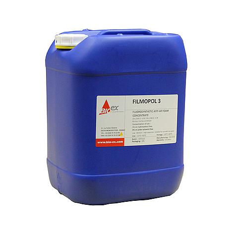 SG01951 Bio-Ex Filmopol 3x3 FILMOPOL 3LT15 is a fluorosynthetic foam AFFF-AR 3X3. The film-forming property AFFF gives to FILMOPOL 3LT15 a high speed of extinction on hydrocarbon fires thanks to the aqueous film which insulates the fuel surface from the air. The Alcohol-Resistant property produces a thick layer – skin – if applied on any kind of fuels. The peculiar nature of our fluoropolymer gives outstanding burnback resistance.