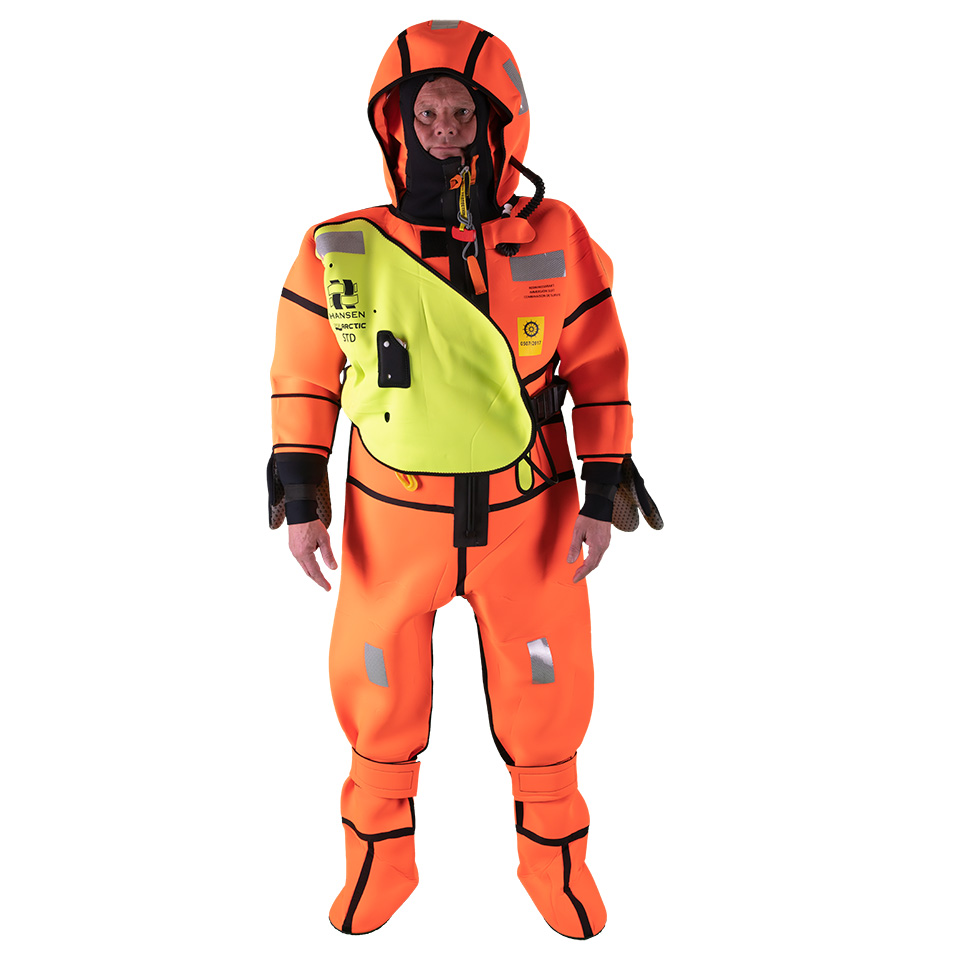 SG05461 Hansen Sea Arctic Immersion Suit The Hansen Sea Arctic Immersion Suit has been approved 6 hour immersion suit with an anatomic self righting unit. Suit to be used without life jacket. Emergency suit for fishing vessels, merchant ships and offshore installations. The immersion suit can be delivered vacuum packed, so the suit doesn't need to be serviced for 5 years.