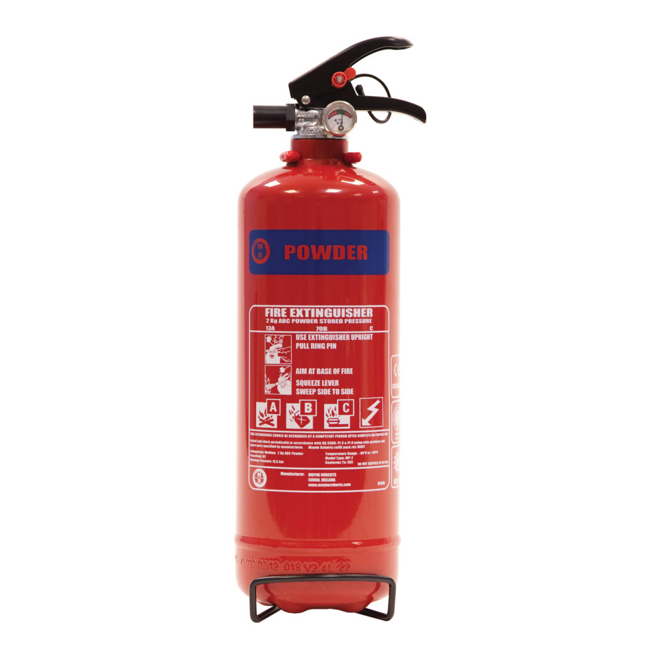 SG00102 Dräger Powder Extinguisher 2 kgs ABC (stored pressure) This powder extinguisher is very effective in fuel fires, making these powder extinguishers extremely suitable for the car. The extinguishers can be used universally for burning solids, burning fluid and burning gas. Both high and low temperature applications are possible. Also extinguishing operating electrical equipment does not pose any danger.